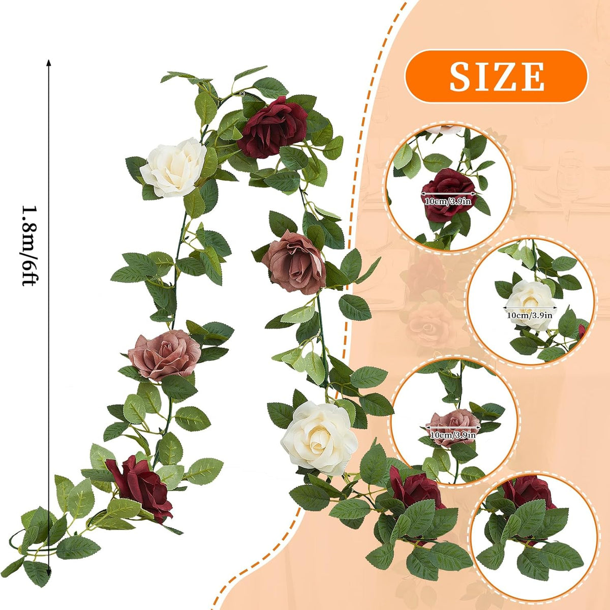 Burgundy Artificial Rose Garlands Rose Vines Leaves Banners Hanging Floral Garland Fake Rose Flower