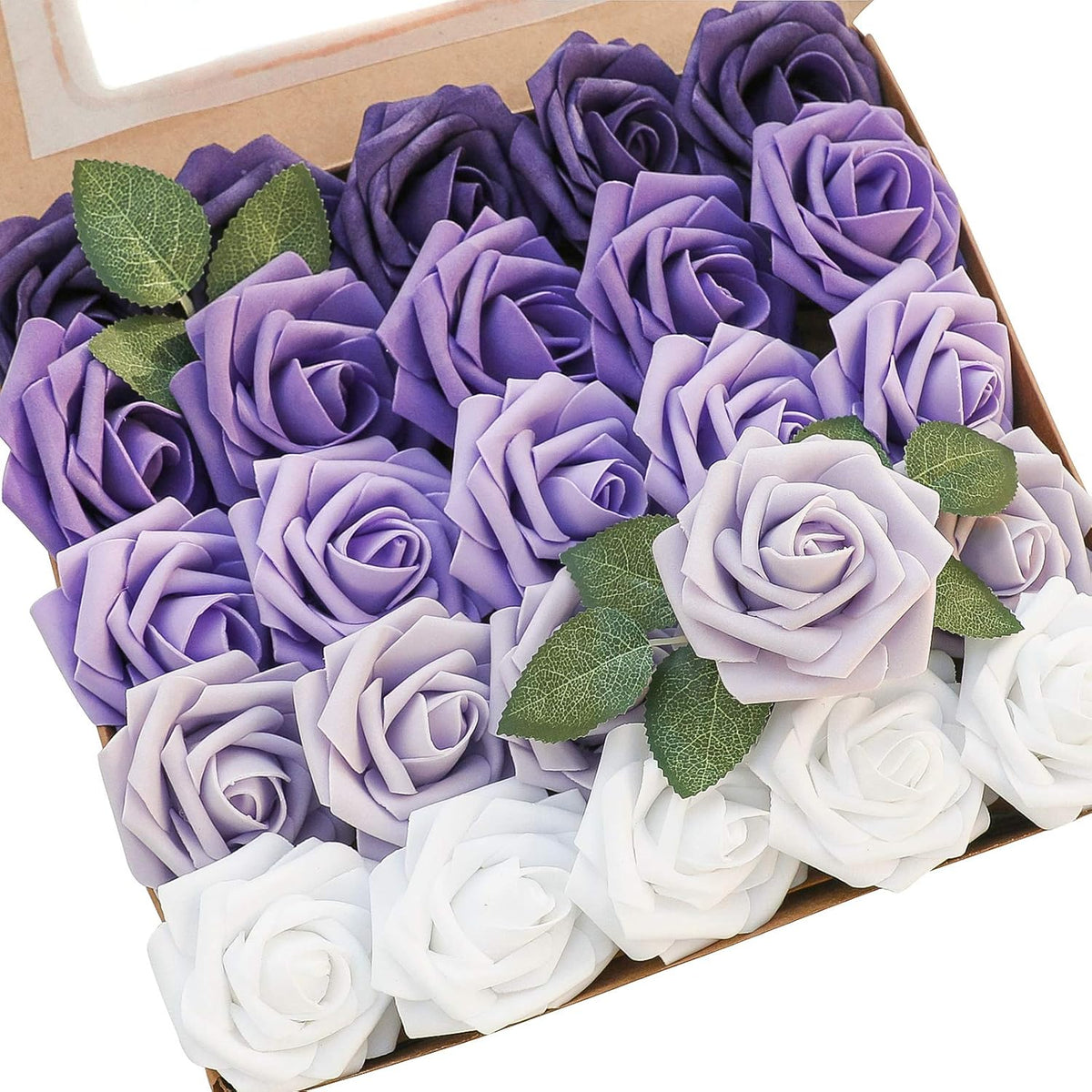 Floroom Artificial Flowers 25pcs Real Looking Violet Purple Ombre Colors Foam Fake Roses with Stems