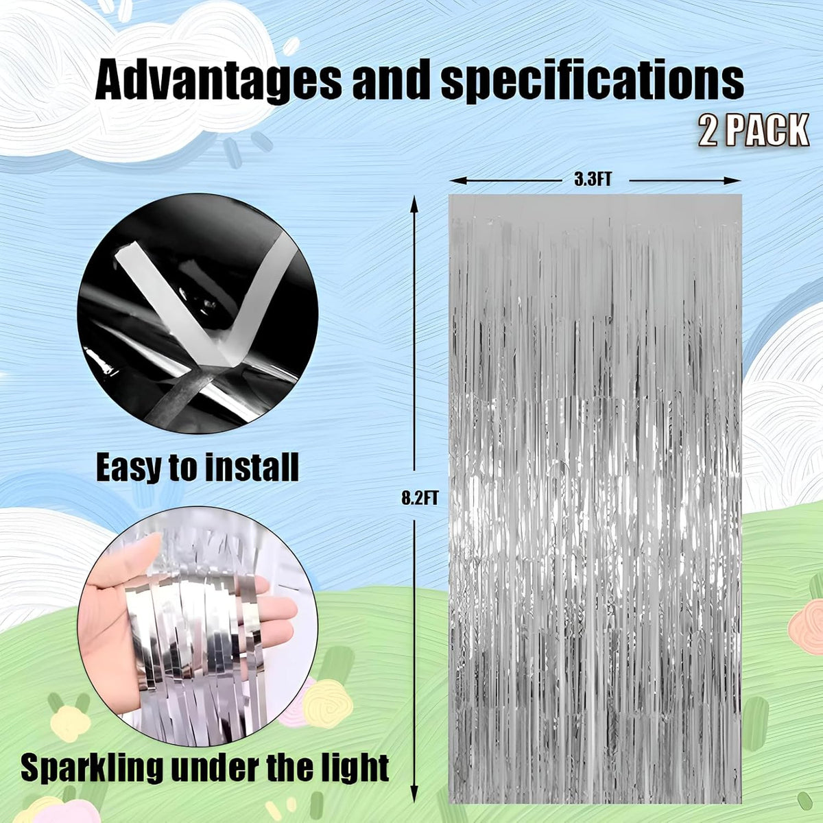 Keyali 2 Pack 3.3 * 8.3 ft Foil Curtain Metallic Tinsel Fringe Curtains Photo Booth Props Backdrop