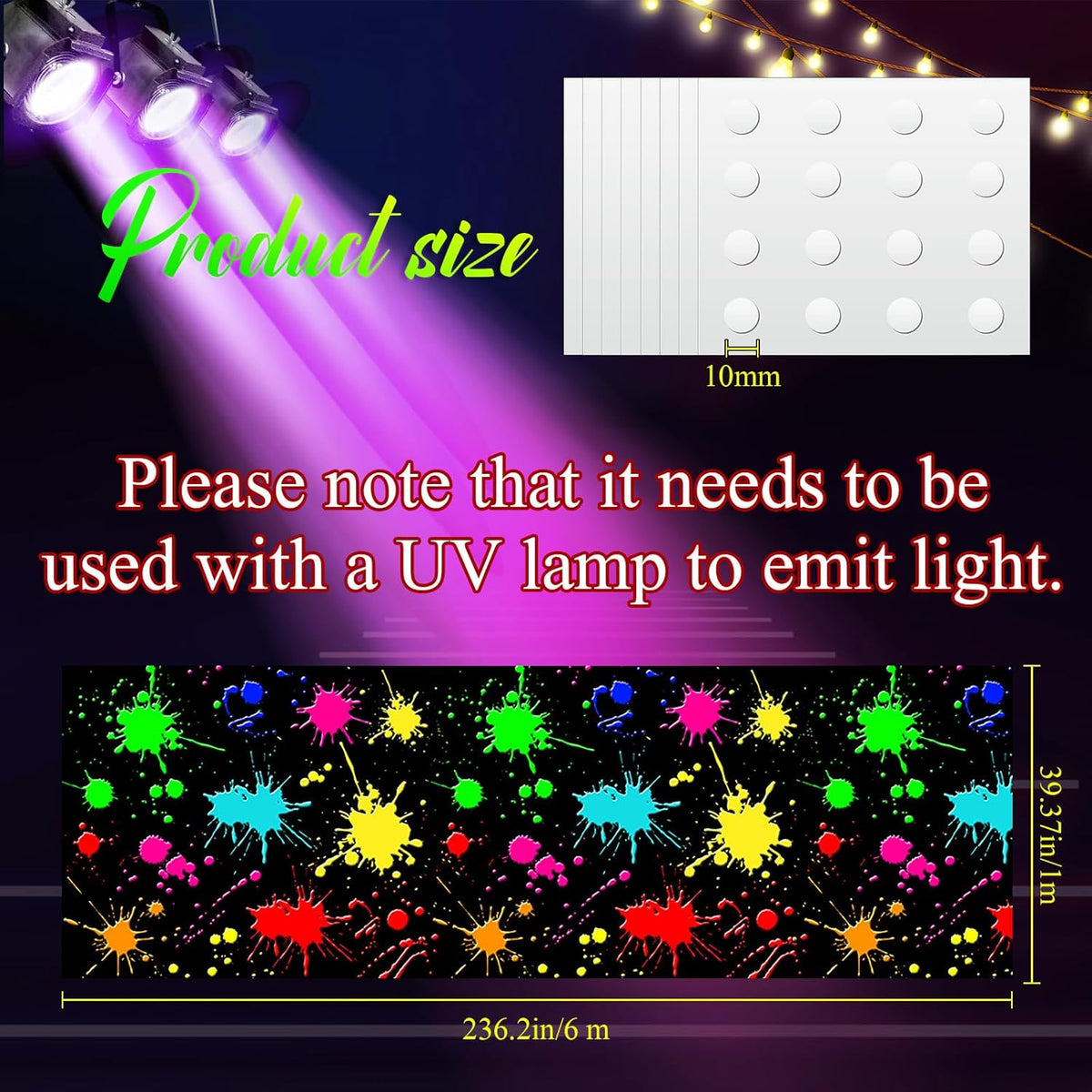 Haull 236 x 39 Inch Neon Light up Dance Floor Glow in The Dark Floor Runner Neon Party Decorations