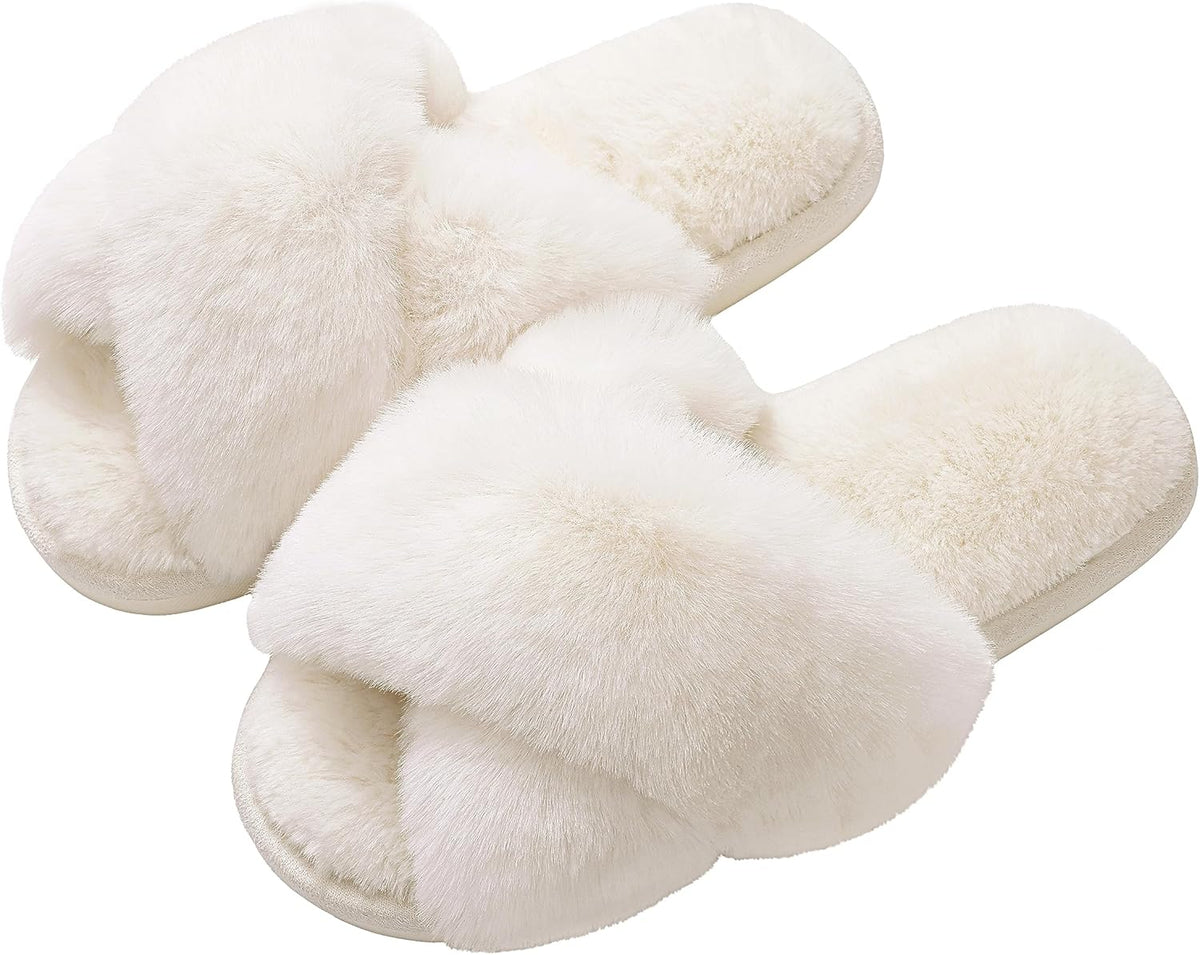 Evshine Women's Fuzzy Slippers Cross Band Memory Foam House Slippers Open Toe