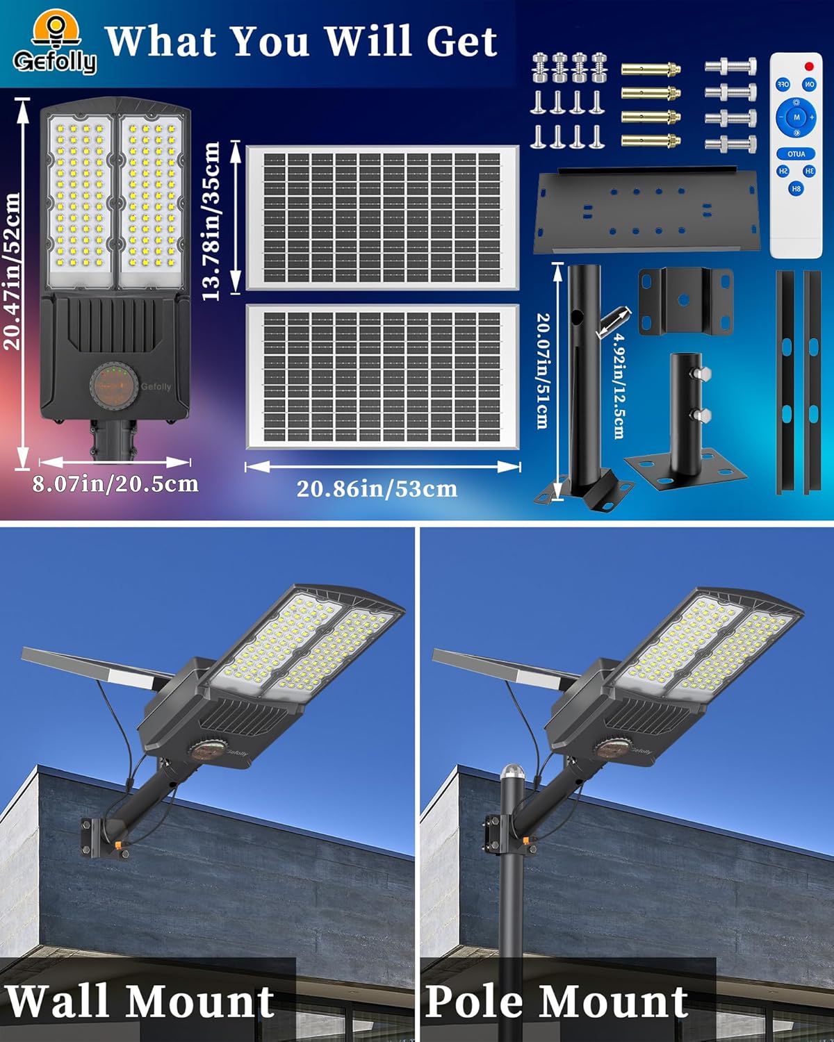 Gefolly SL-11000W Solar Street Light Outdoor 700000LM Commercial Parking Lot Lights Dusk to Dawn