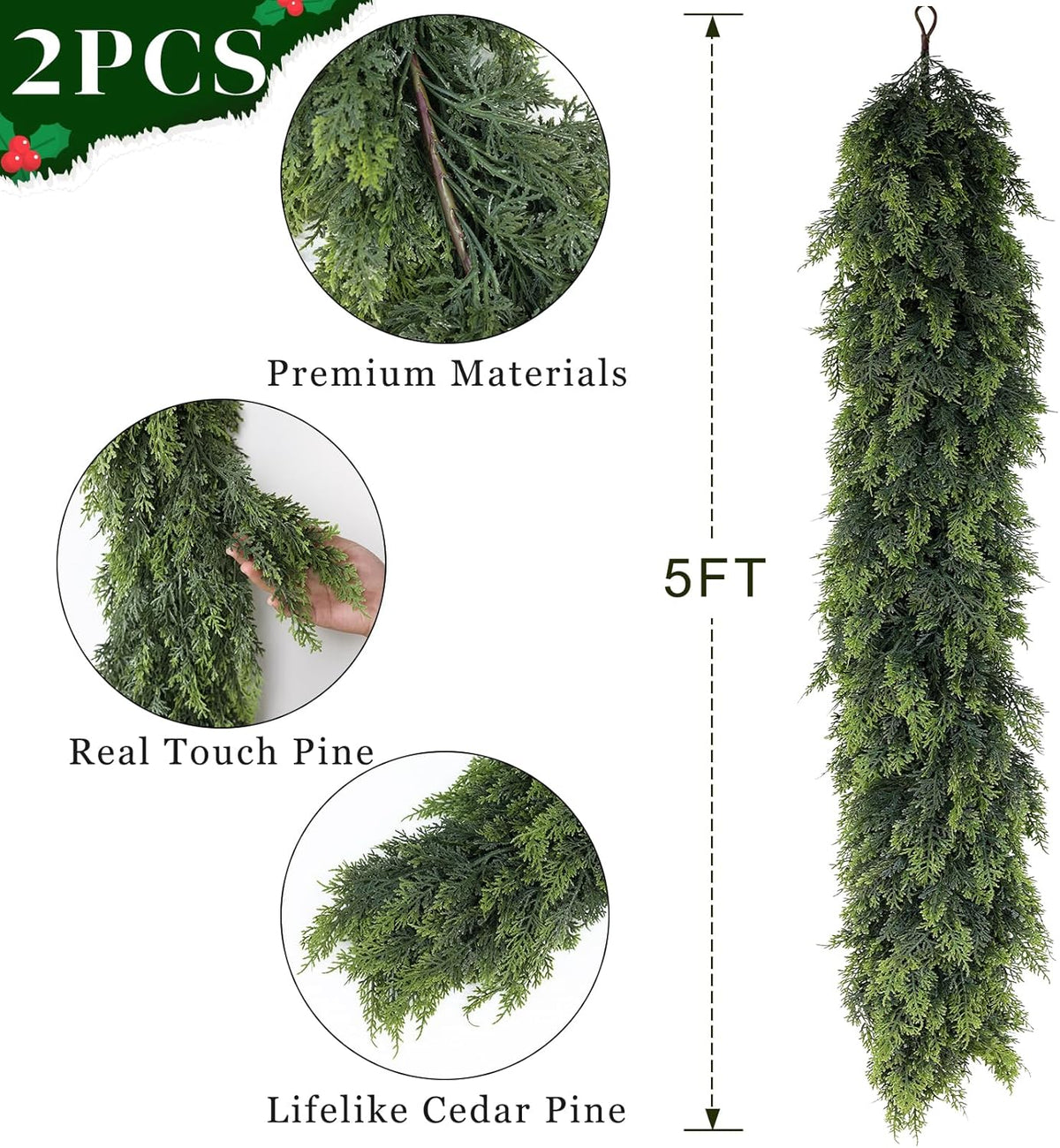 Real Touch Cedar Garland - Artificial Christmas Garlands Faux Green Cedar Fake Pine Needles Garland