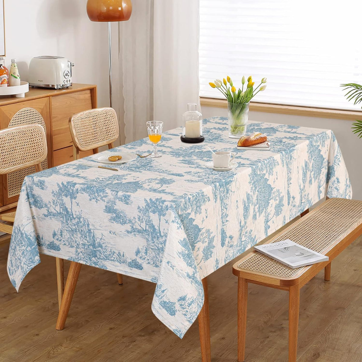 MYSKY HOME Linen Vintage Rectangle Tablecloth 60x84 Inches, Blue Castle Print Table Cloth for