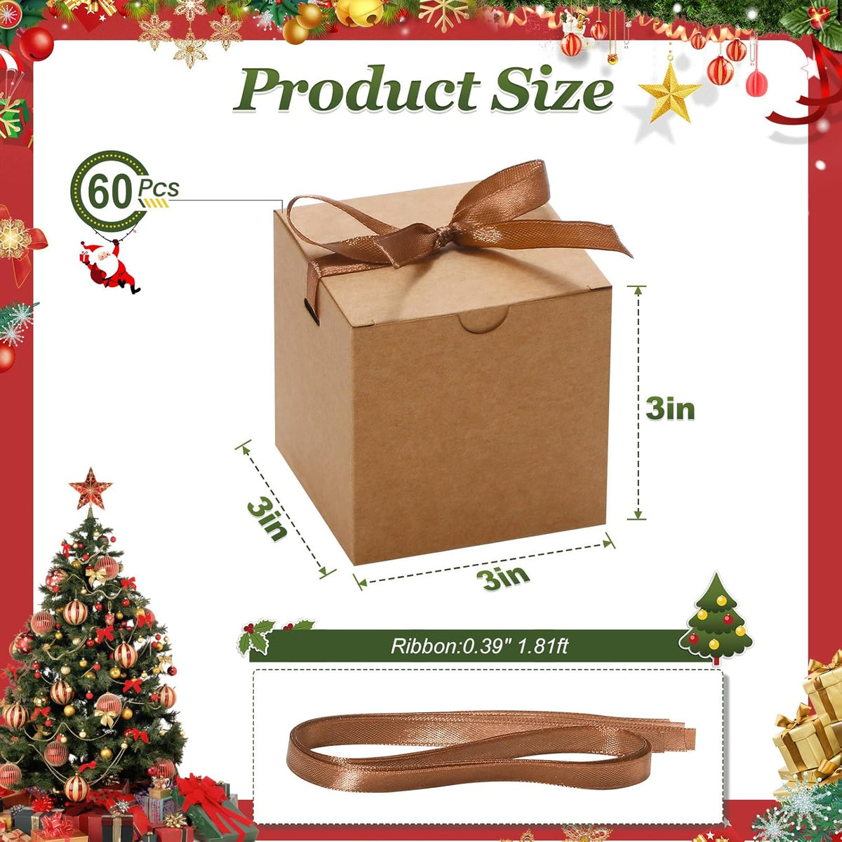 DOYIDE 60 Pcs Small Gift Boxes, 3x3x3 inches Kraft Paper Gift Box with Ribbons, Brown Candy Boxes