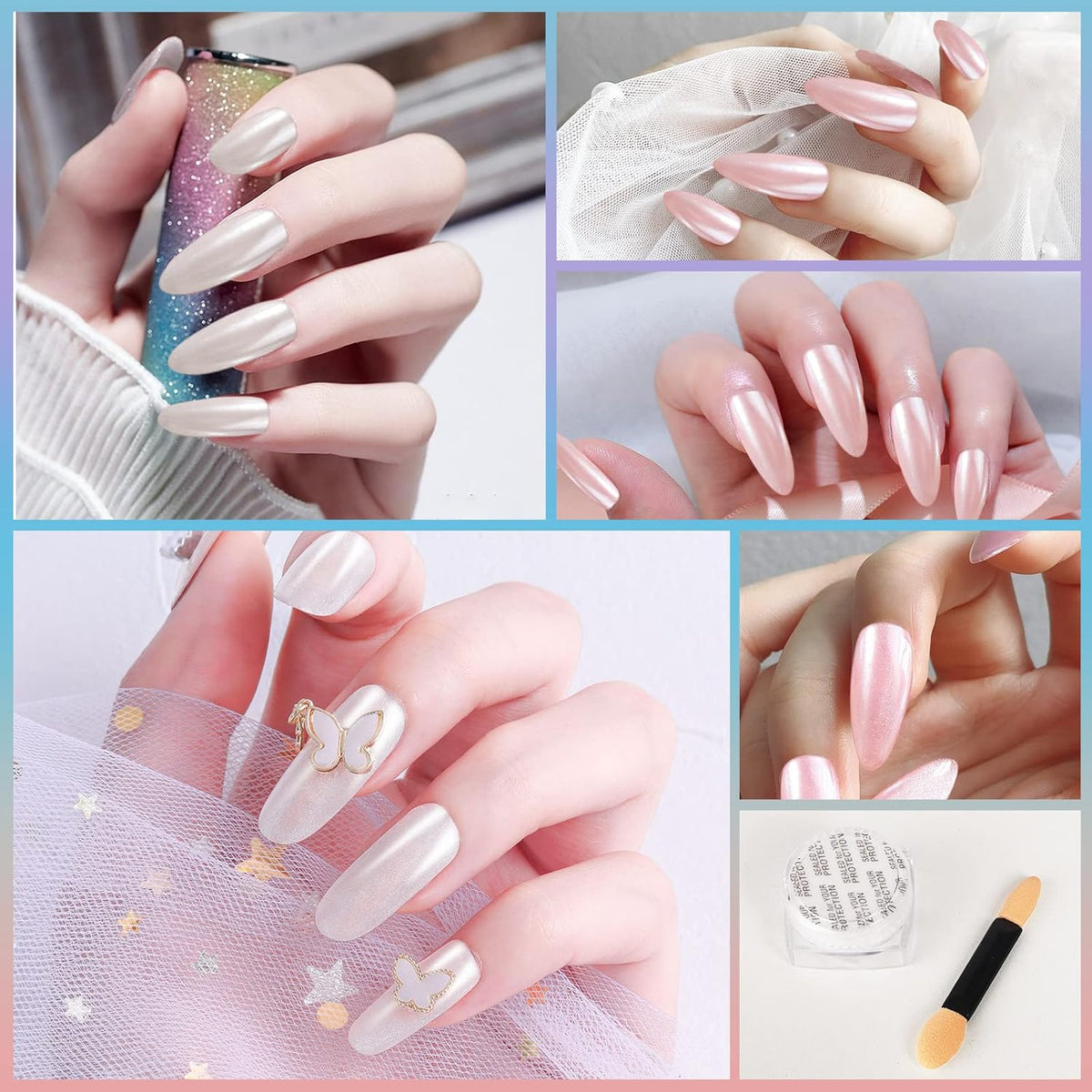 Artdone 2 Jars Chrome Nail Powder White and Red Pearl, Iridescent Aurora Powder Metallic Mirror