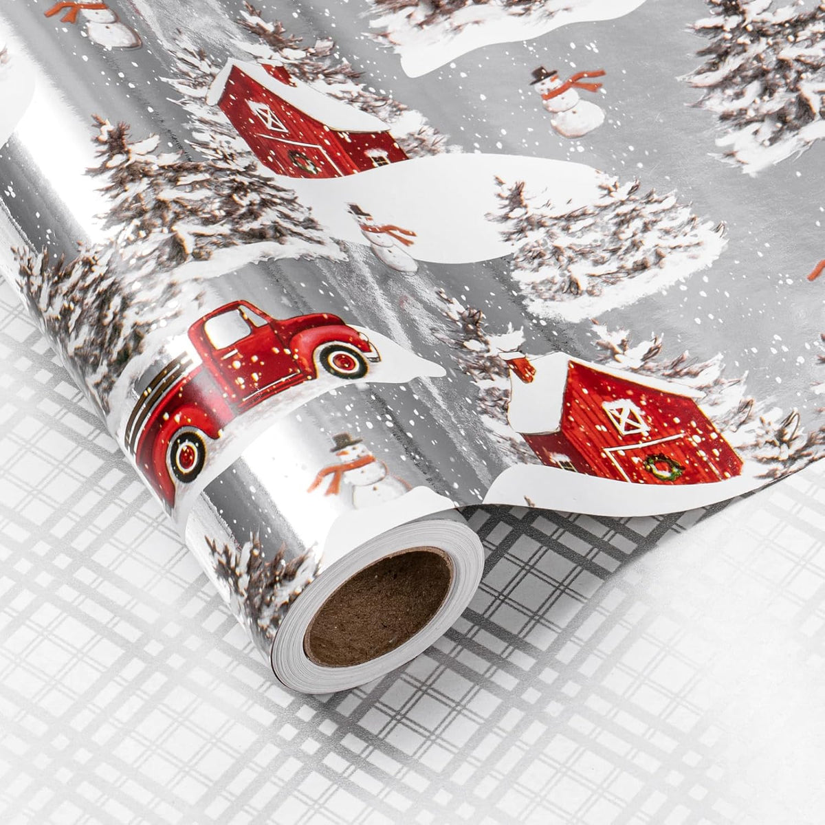 LeZakaa Christmas Silver Wrapping Paper Jumbo Roll for Boy Kid, Red Truck, Snowy Pine Forest & Grid