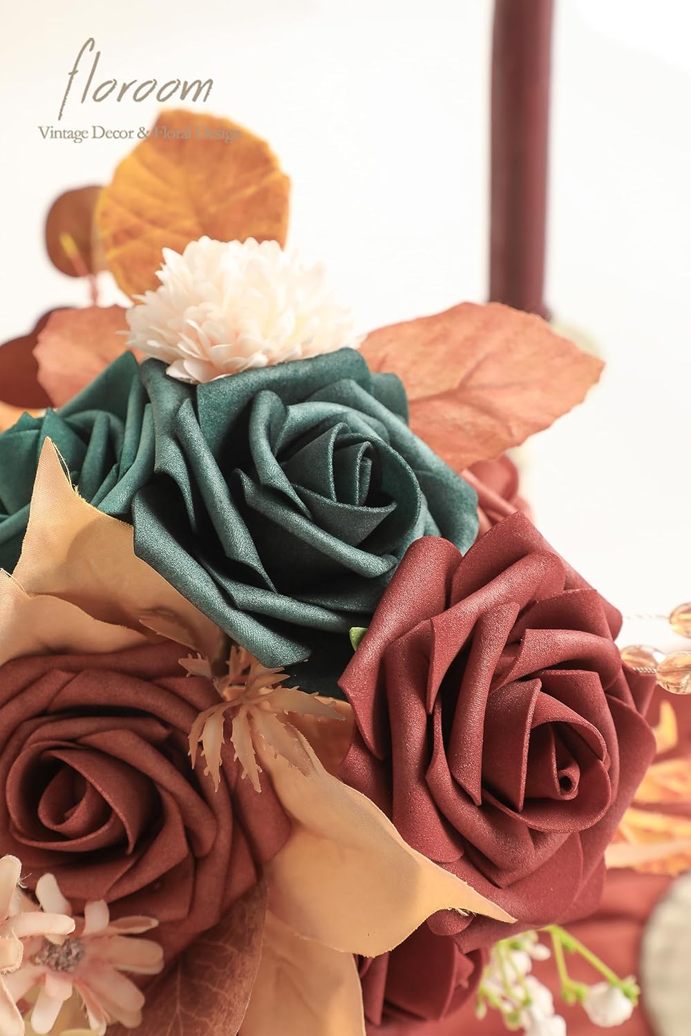 Floroom Artificial Flowers 25pcs Real Looking Teal Green Terracotta Ombre Colors Foam Fake Roses