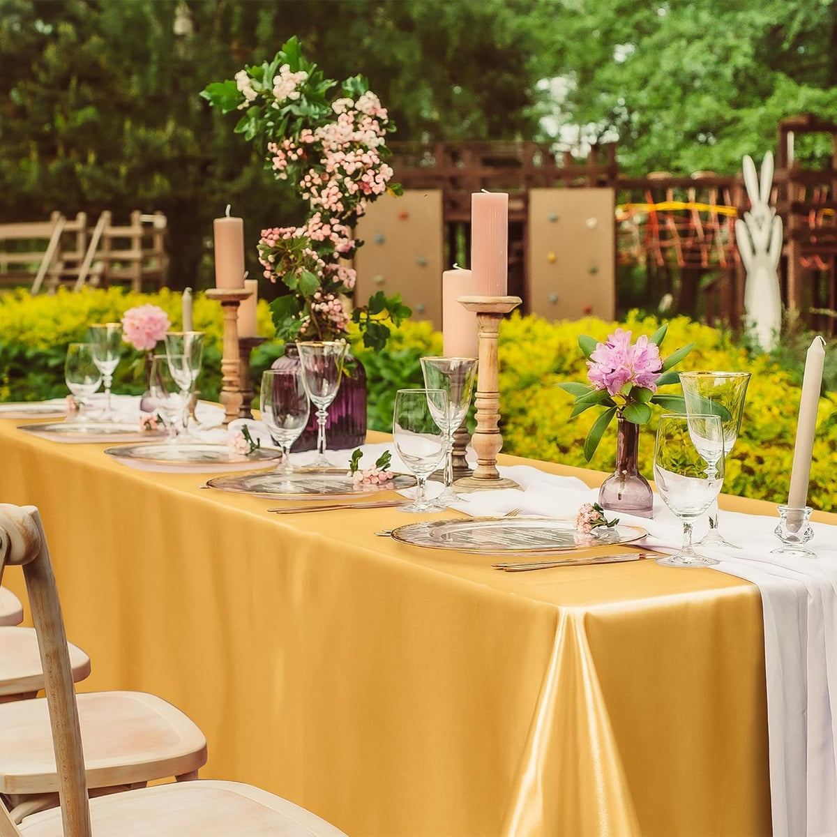 TURSTIN 1 Pack Gold Satin Tablecloth 102 x 58 Inch Overlay Satin Table Cover Rectangle Bright Silk