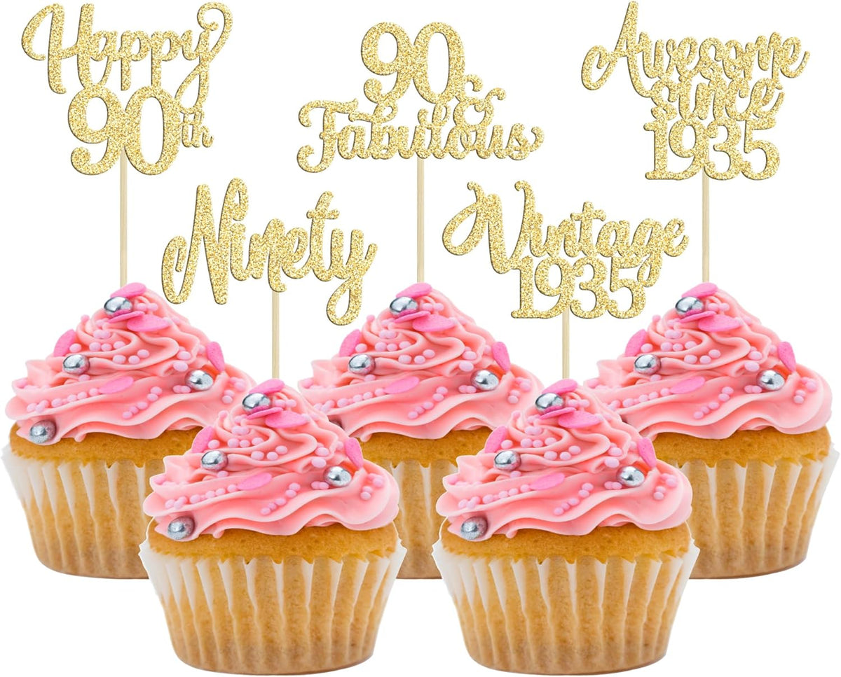 30Pcs Vintage 1935 Cupcake Toppers Glitter Ninety Happy 90th Birthday 90 Fabulous Cupcake Picks