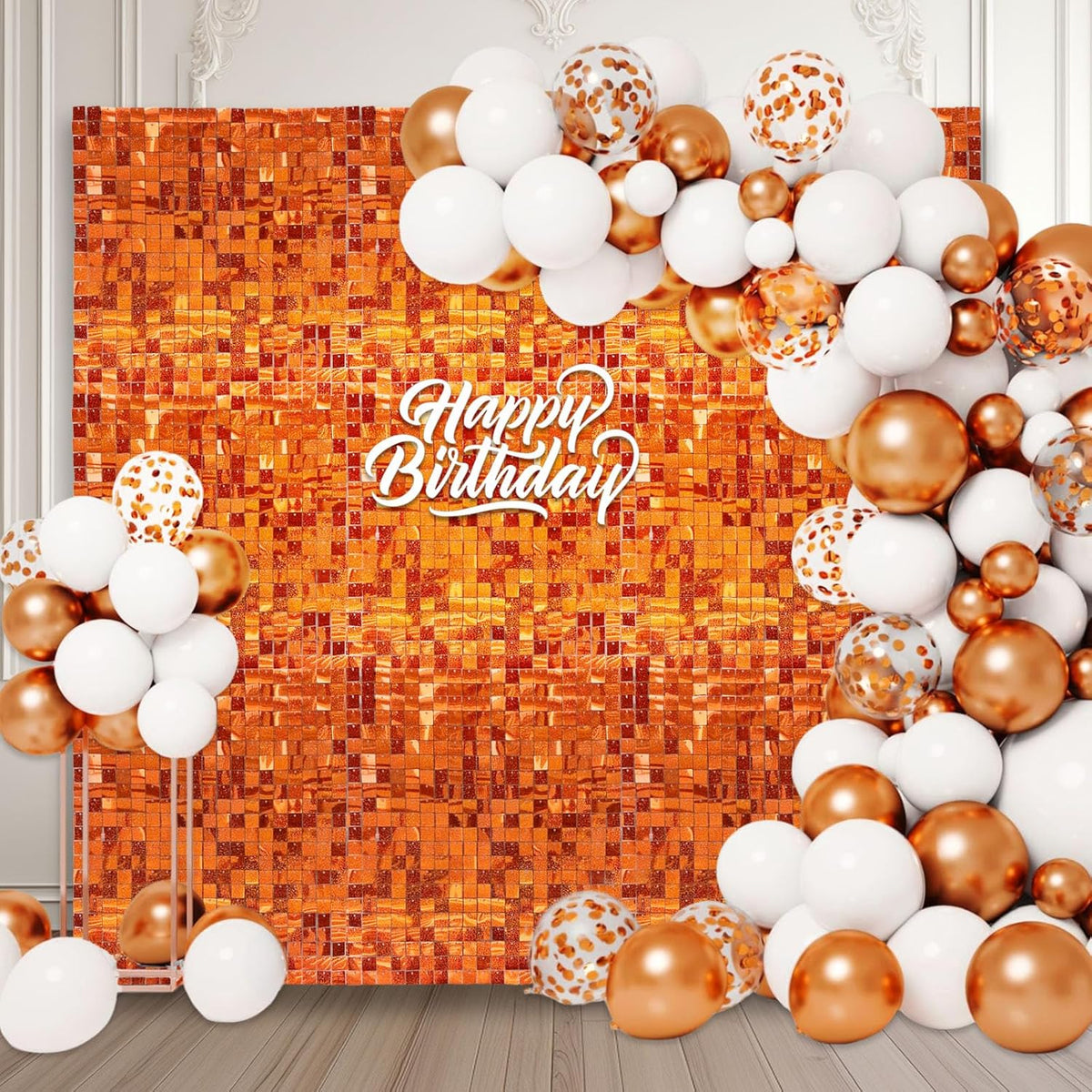 24PCS Orange Shimmer Wall Backdrop, Laser Square Sequin Photo Backdrops Panel, Glitter Wall