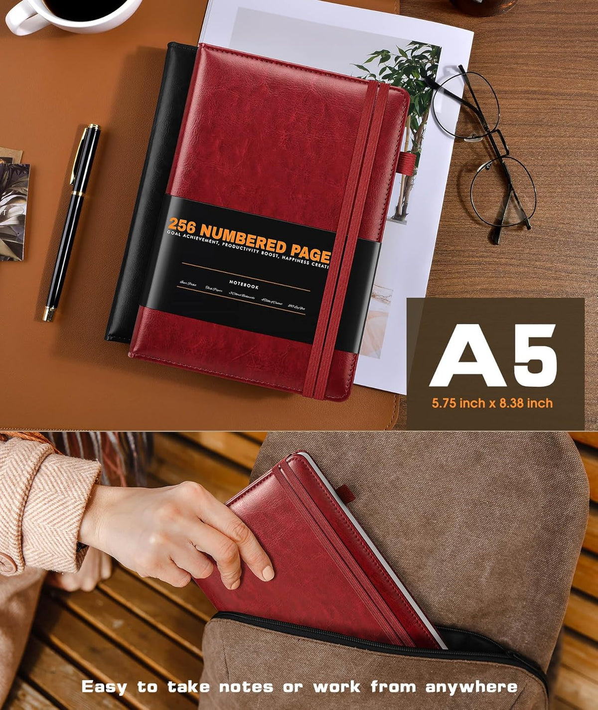 Lined Journal Notebook for Women Men, 256 Numbered Pages Hardcover Leather Journals for Writing, A5