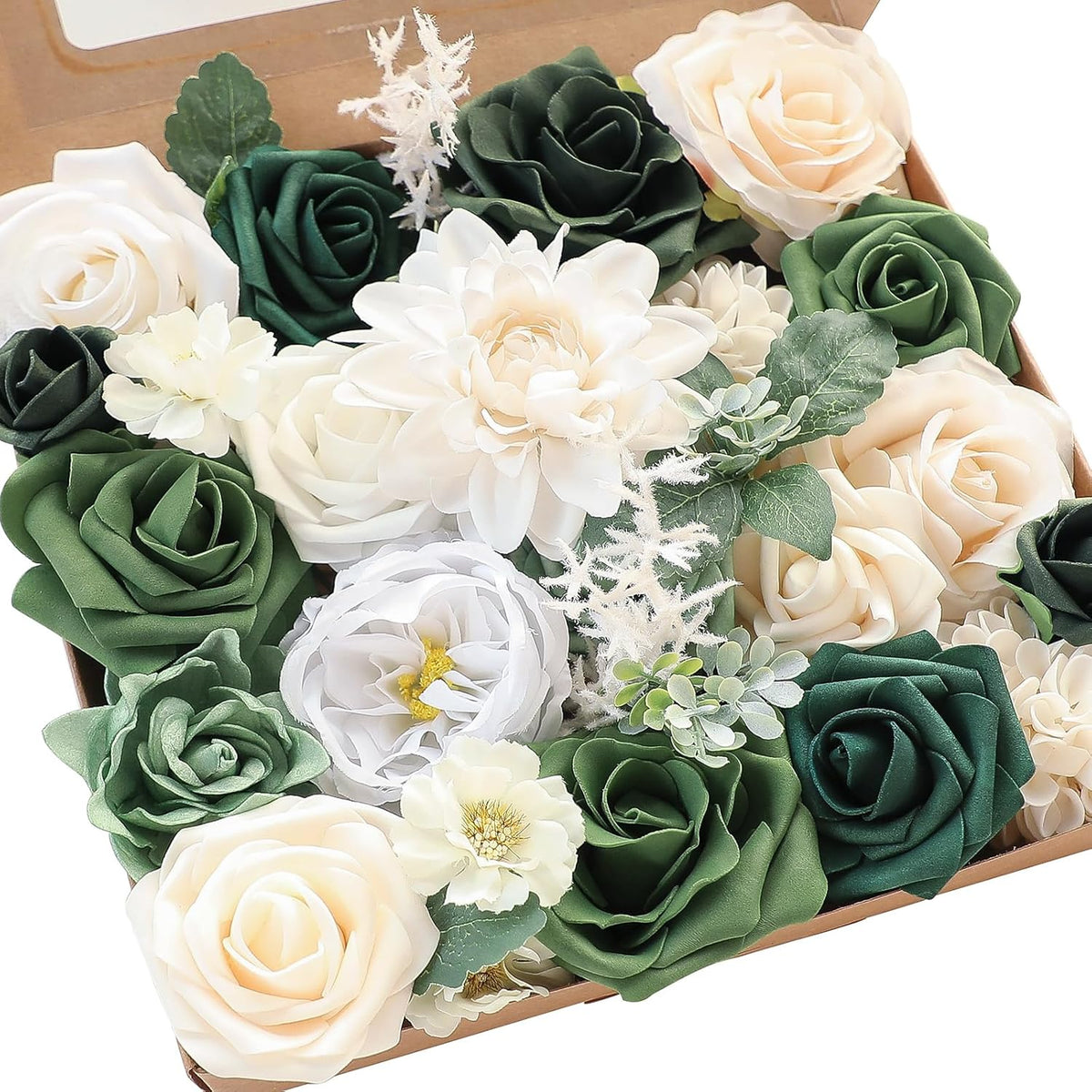 Floroom Olive Green Artificial Flowers Forest Green Fake Roses Peonies Dahlia Greenery Combo Box