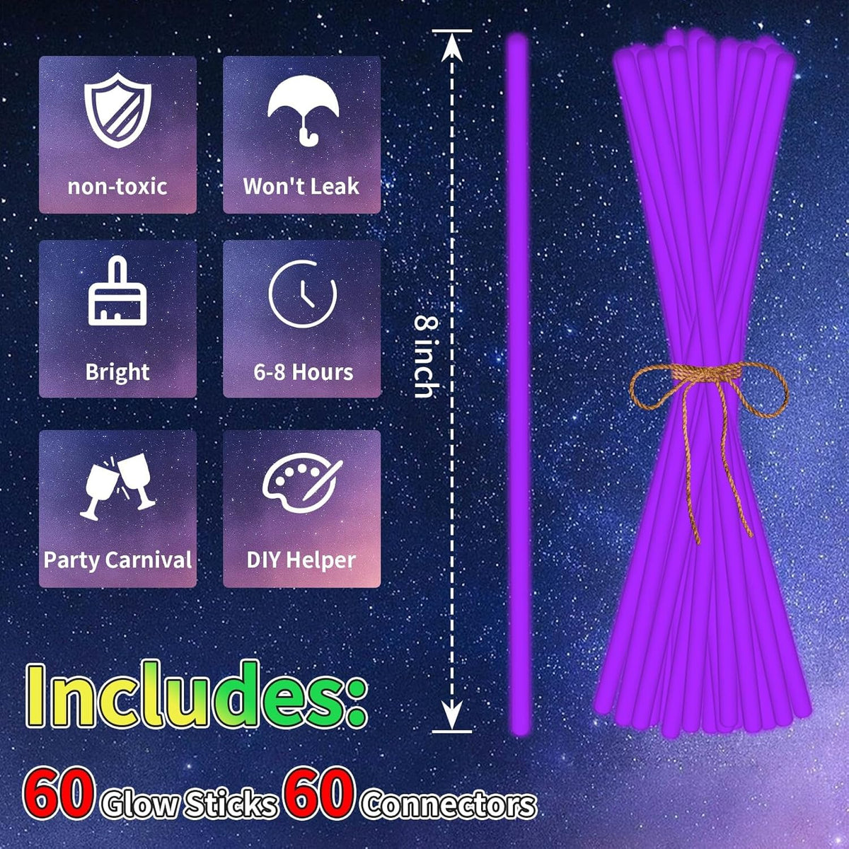 60 Pack 8” Purple Glow Sticks Bulk with 60 Connectors Neon Glow In The Dark Party favors Supplies