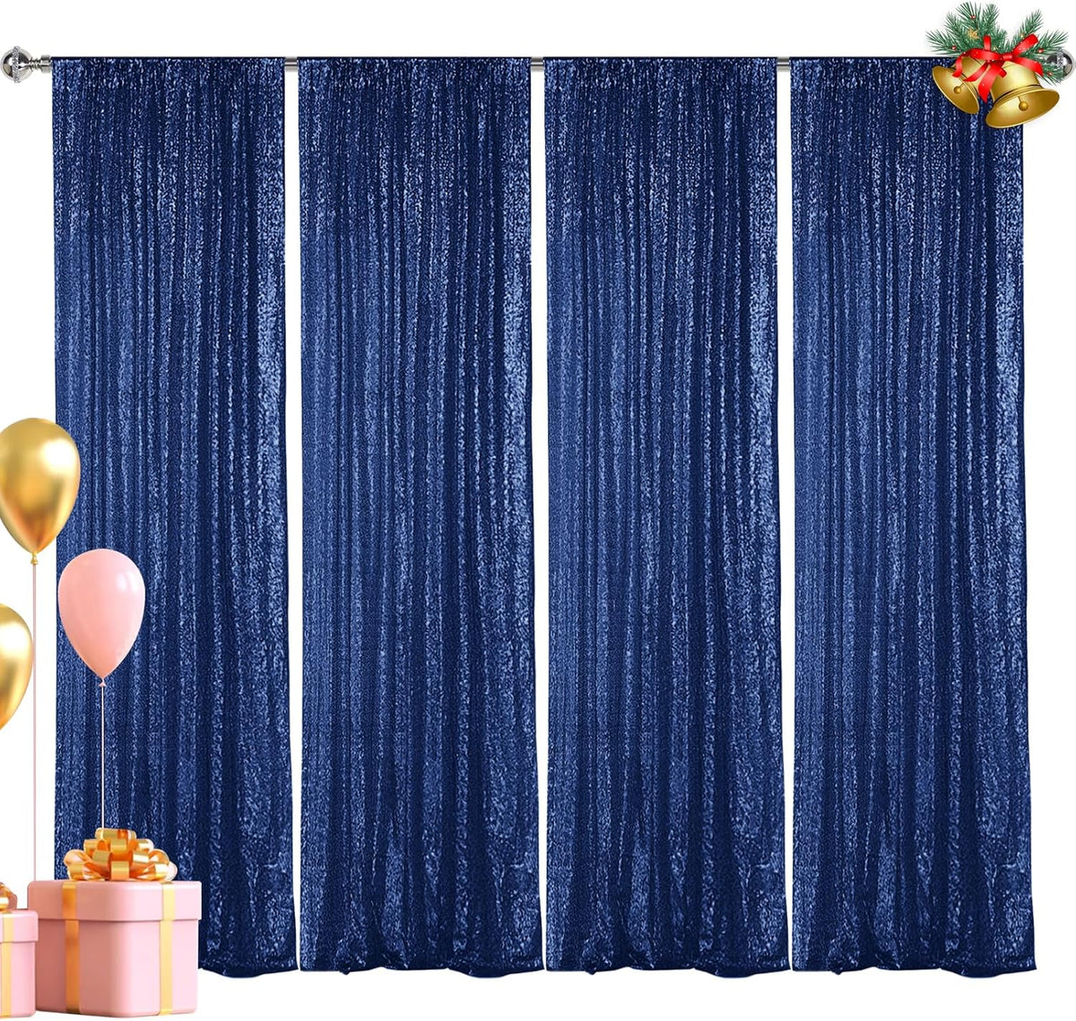 Hahuho Navy Sequin Backdrop Curtain, 4PCS 2FTx8FT Glitter Backdrop Curtain for Parties, Christmas