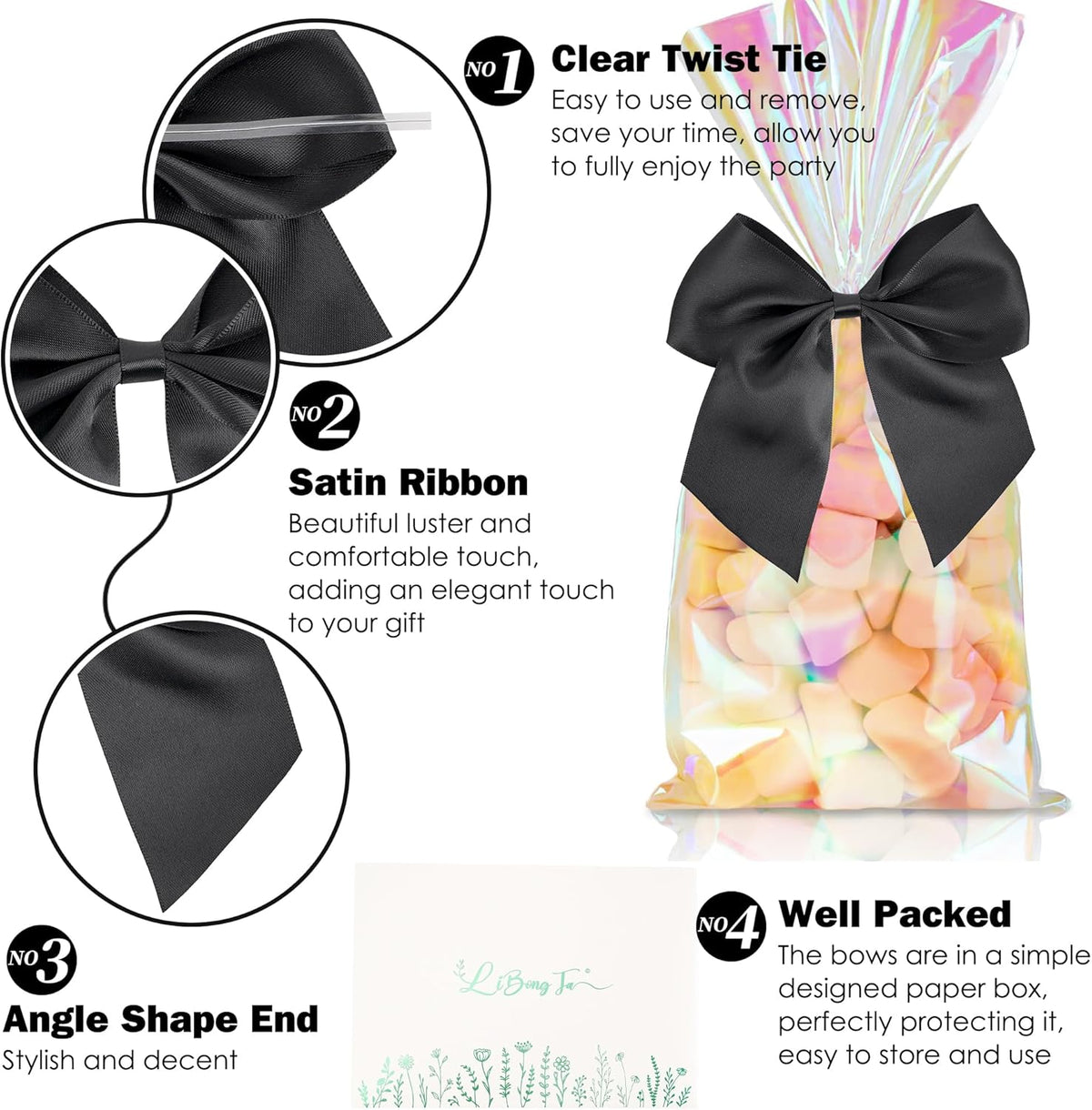 5'' Black Bow Party Decorations Satin Bows, Twist Tie Bows for Treat Bags, Cake Pops, Pre-Tied Bow
