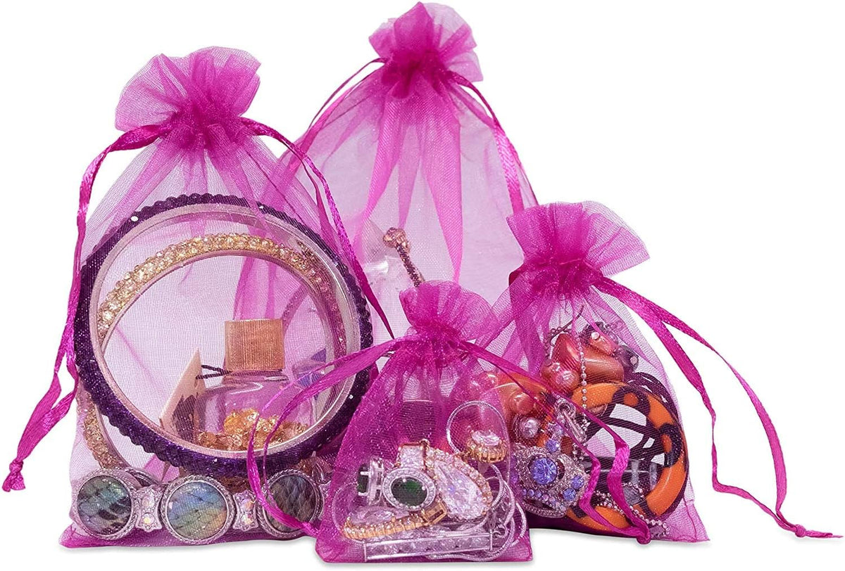 TheDisplayGuys 100-Pack XS 2 x 2 3/4" Hot Pink Sheer Organza Gift Bags with Drawstring, Jewelry