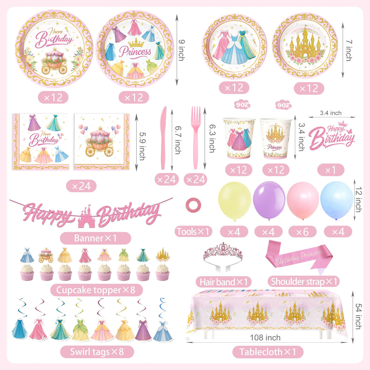 Princess Birthday Party Decorations – 199 PCS Princess Party Supplies for 24 Guests, Includes