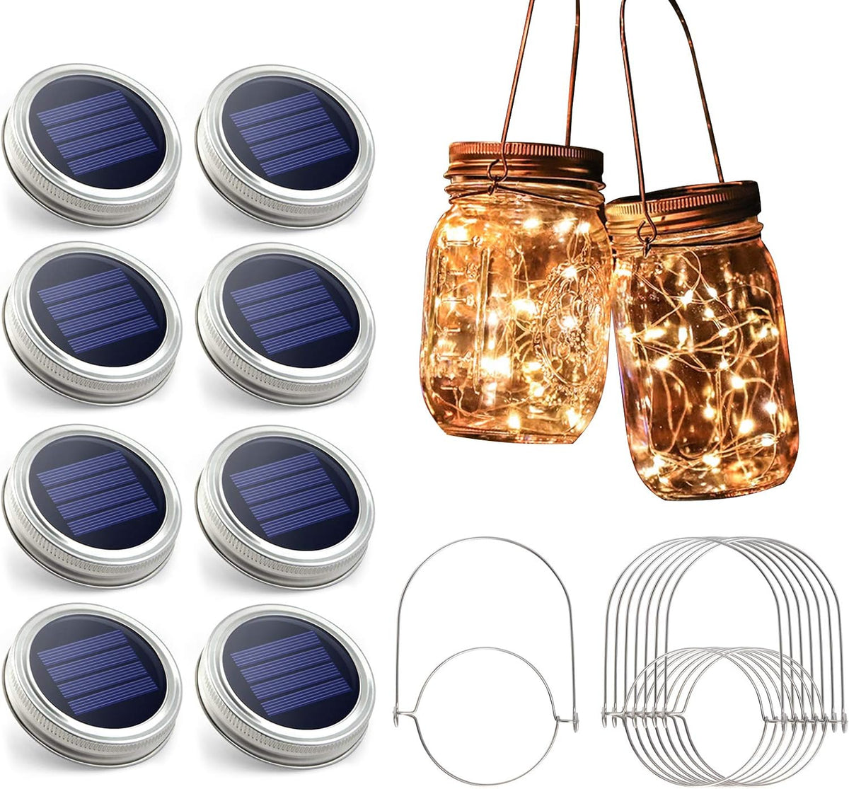 Urvoix Solar Mason Jar Lights - 8 Pack 30 Led Waterproof Jar Lids String Lights with 8 Handle (Jars
