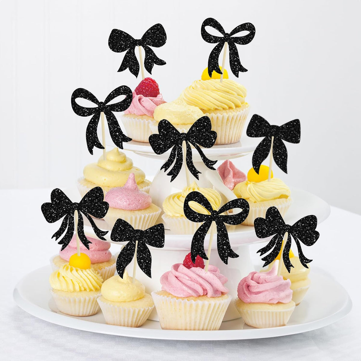 Gyufise 36Pcs Bow Cupcake Toppers Glitter Girls Birthday Decorations Bowknot Cupcake Picks Bow Tie