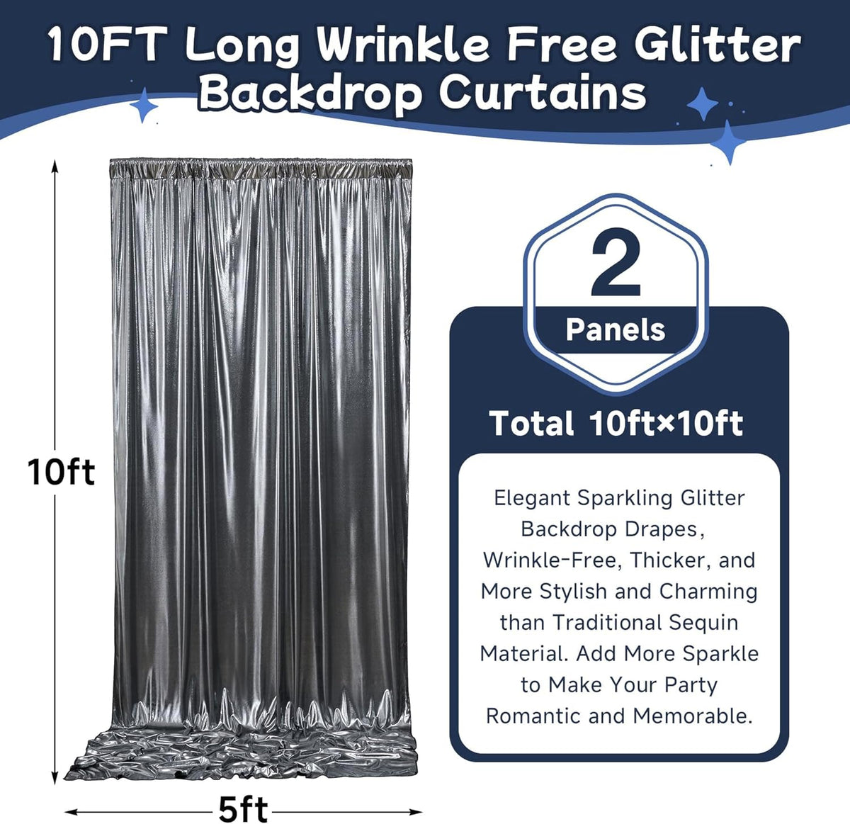 10ftx10ft Black Silver Glitter Sequin Backdrop Curtain for Parties, Wrinkle Free Sparking Backdrop