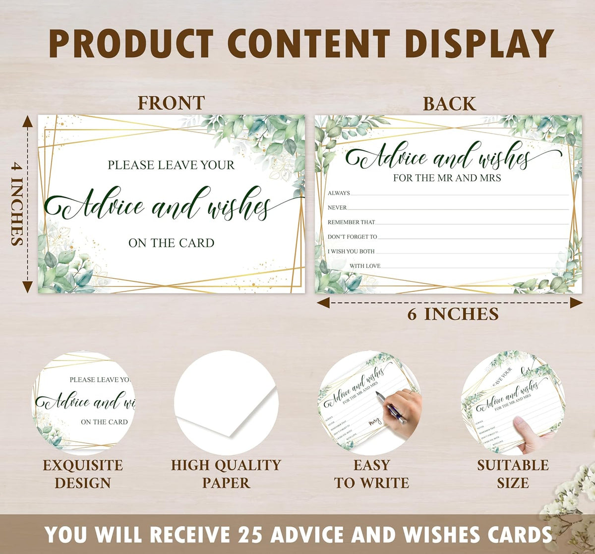 Advice And Wishes Cards For the Mr & Mrs, Gold Foil Greenery Wedding Advice Card For Bride Groom