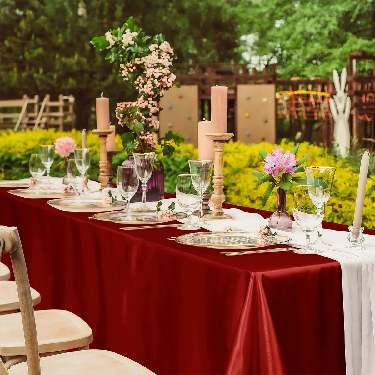 TURSTIN 1 Pack Burgundy Satin Tablecloth 102 x 58 Inch Overlay Satin Table Cover Rectangle Bright