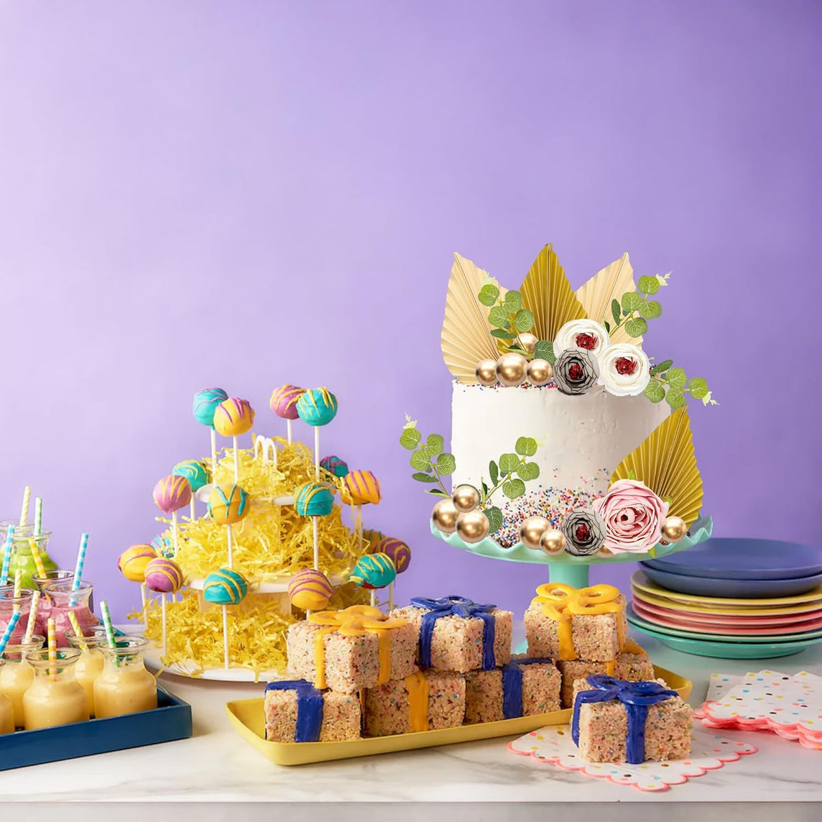 Gyufise 22Pcs Rose Artificial Flower Leaves Cake Topper Decorations Gold Balloon Cake Toppers Leaf