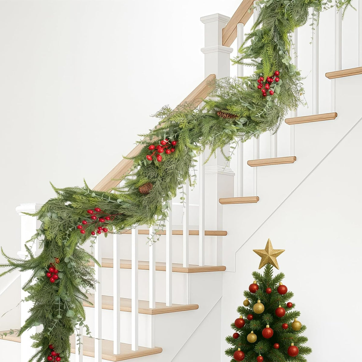 9FT Christmas Garland Norfolk Pine Tree Artificial Cedar Eucalyptus Greenery, Realistic Pine