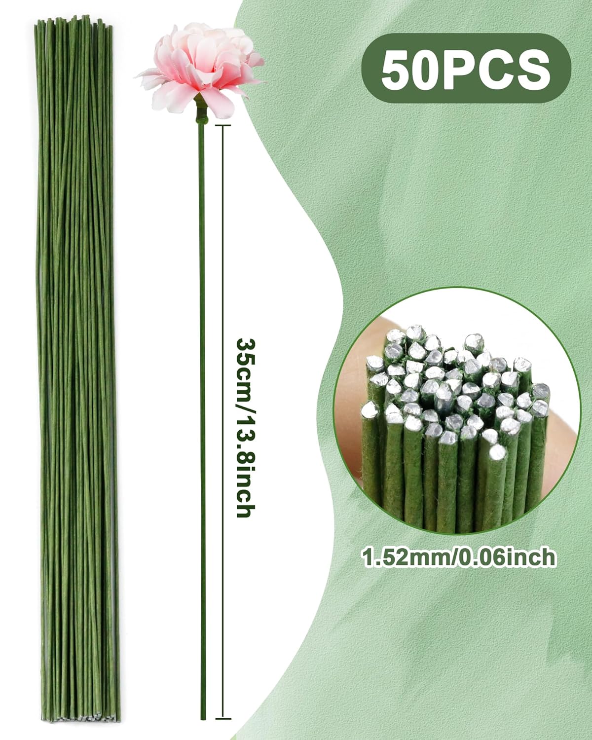50 PCS FIVEIZERO 16 Gauge Green Floral Wire Stems for Artificial Flower Making,Florist Wire,Flower