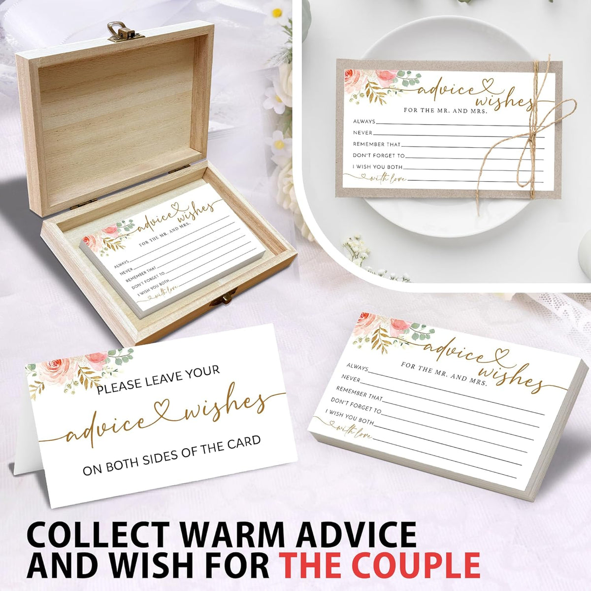 Rose Gold Advice and Wishes for the Mr and Mrs - 50 Packs Wedding Advice Cards Bridal Shower Game