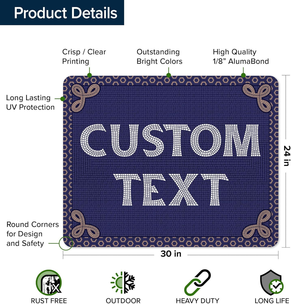 Custom Sign, Custom Street Sign, 11 Font Colors, 13 Font Styles, 4 Hole Options, 22 Sizes, 24x30
