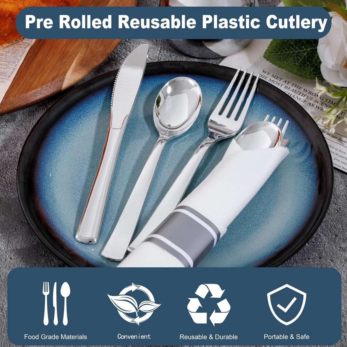 400PCS Pre Rolled Silver Plastic Silverware Sets - Heavy Duty Silver Cutlery - Include 100 Pack
