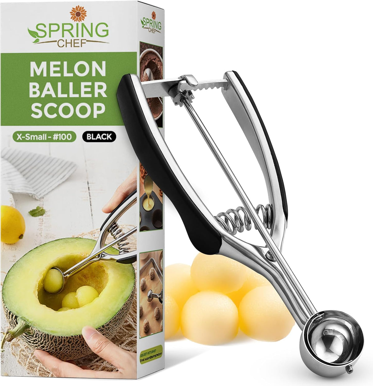 Spring Chef Extra Small Cookie Scoop, Stainless Steel Melon Baller, Baking Scooper, Spring Loaded