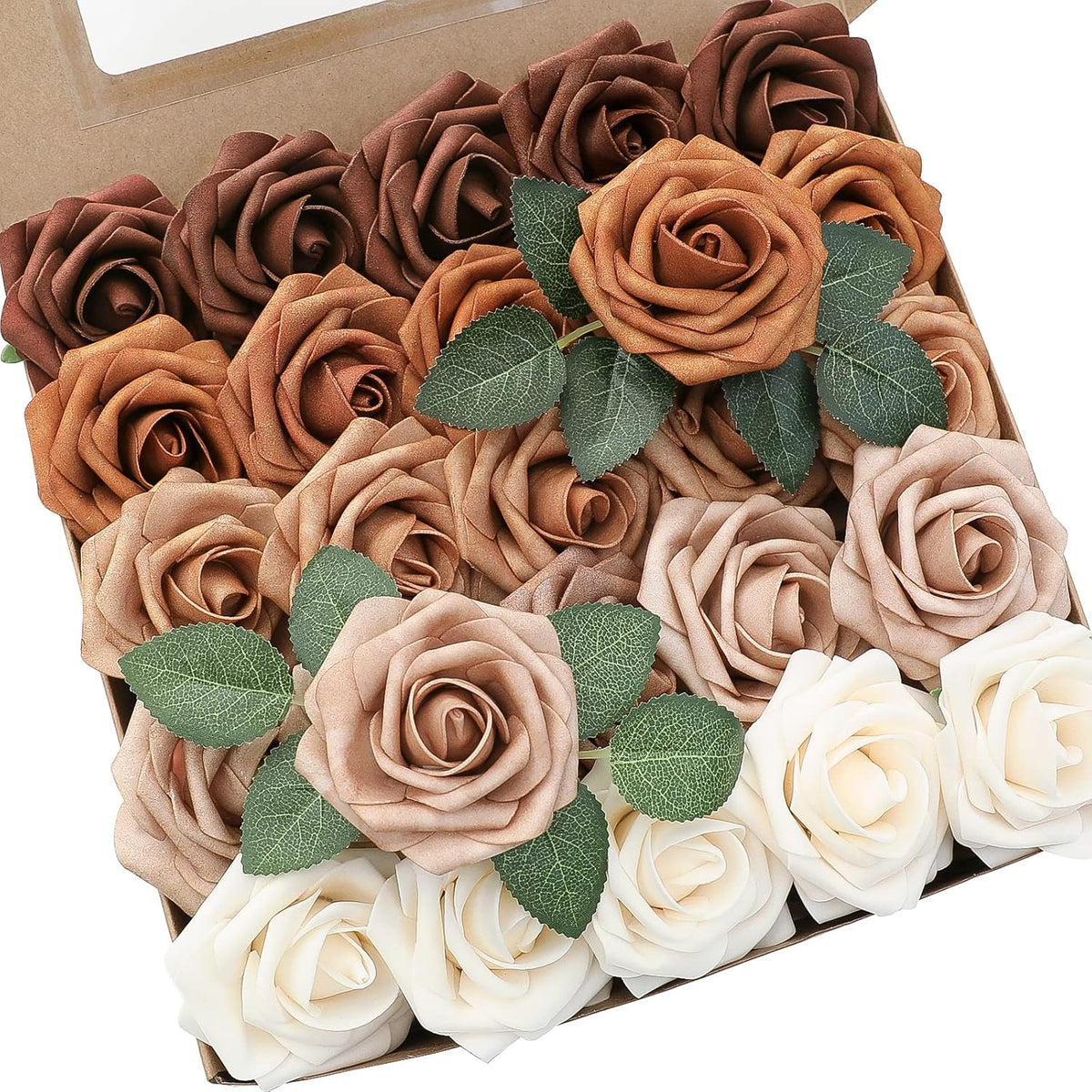Floroom Artificial Flowers 25pcs Real Looking Earth Tones Ombre Colors Foam Fake Roses with Stems