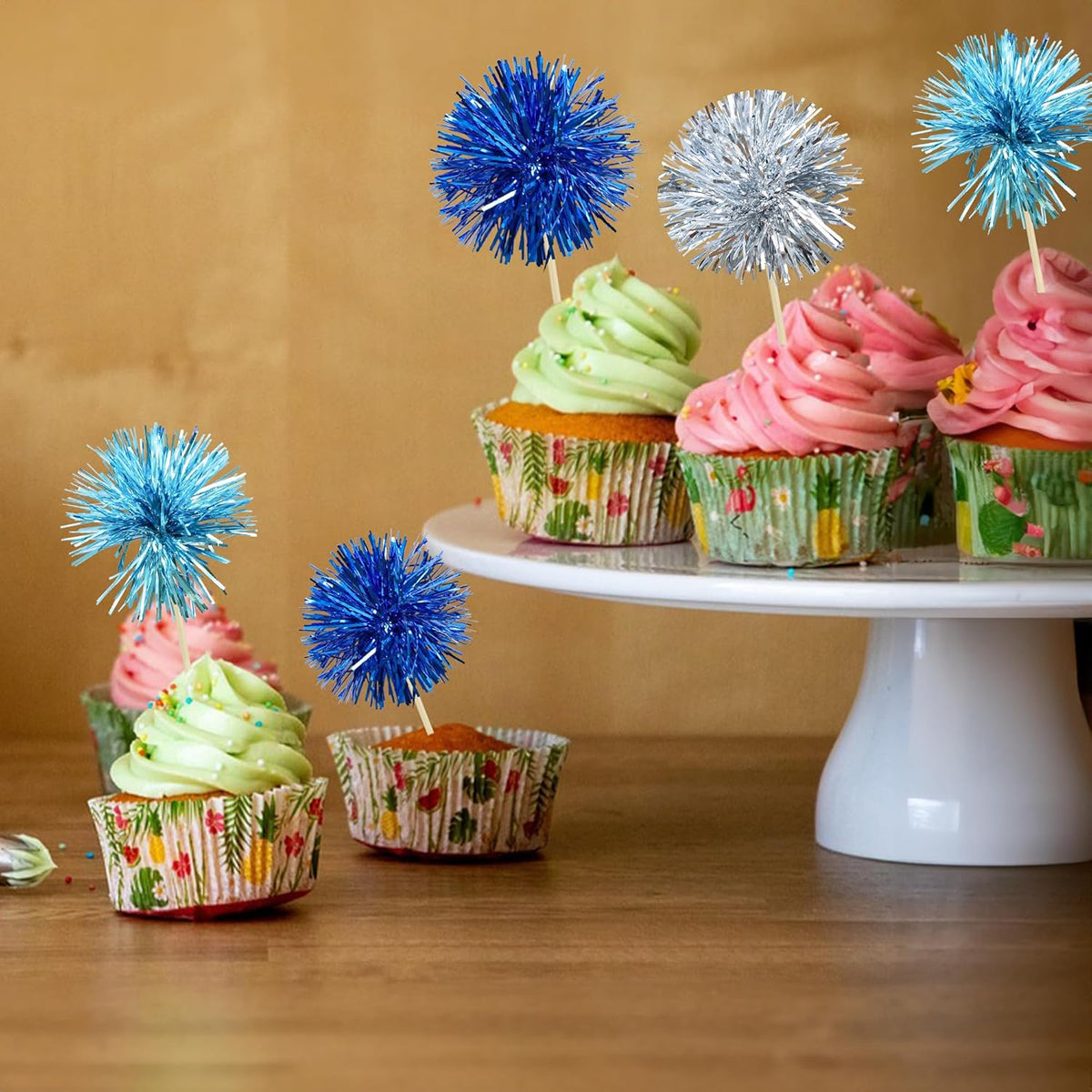 Gyufise 30Pcs Foil Firework Cupcake Toppers Sparkle Tinsel Cake Toppers Tinsel Drink Cake