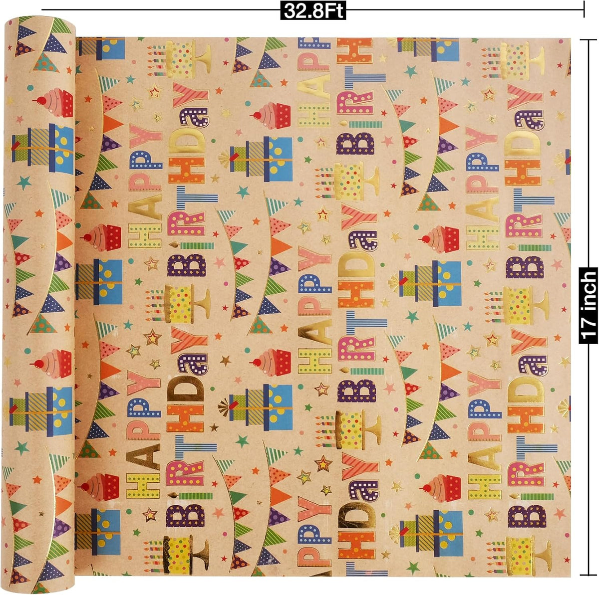 Aimyoo Colorful Birthday Wrapping Paper Roll - 17 Inch X 32.8 Feet - Gold Foil Happy Birthday