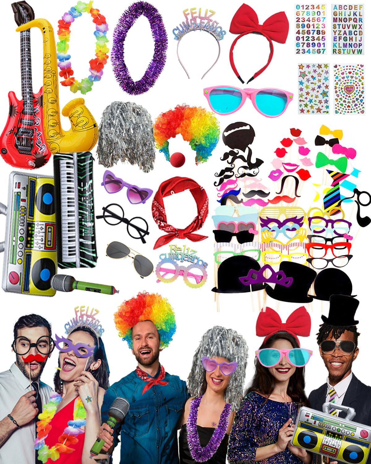 80pcs Large Gorgeous Photo Booth Props Set Birthday Party Accessories Kit Includes Clown Wig Foil