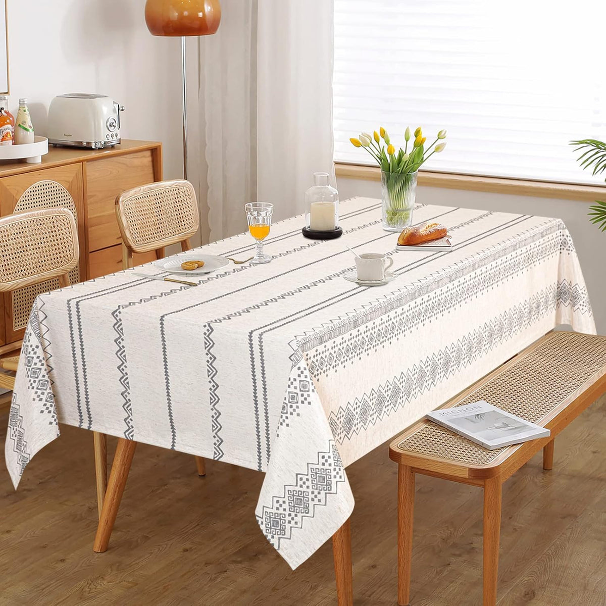 MYSKY HOME Boho Rectangle Tablecloth 60x120 Inches Linen Farmhouse Tablecloth Waterproof Decorative