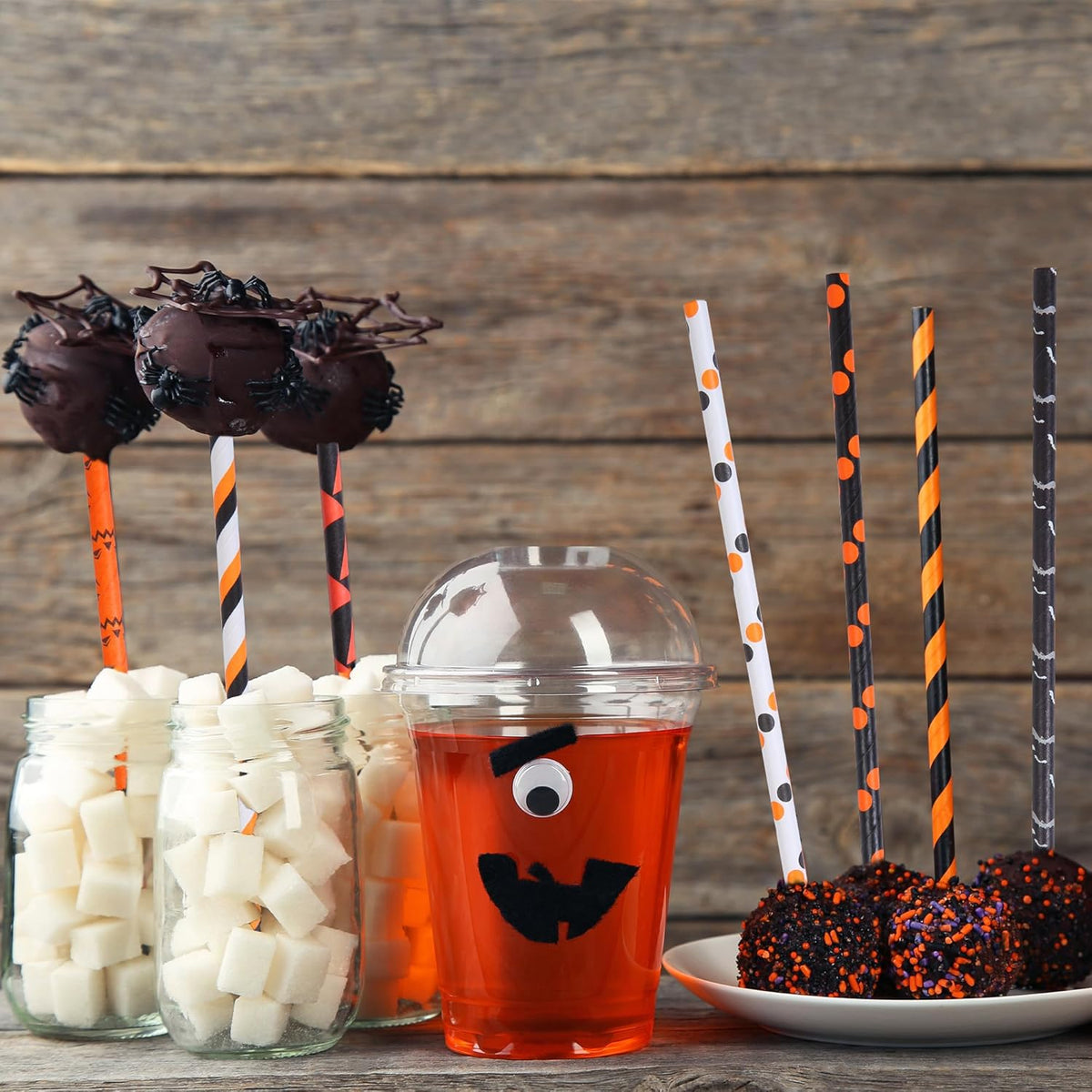 Cooraby 200 Pieces Halloween Paper Straws Pumpkin Bat Spider Web Pattern Straws Black Orange