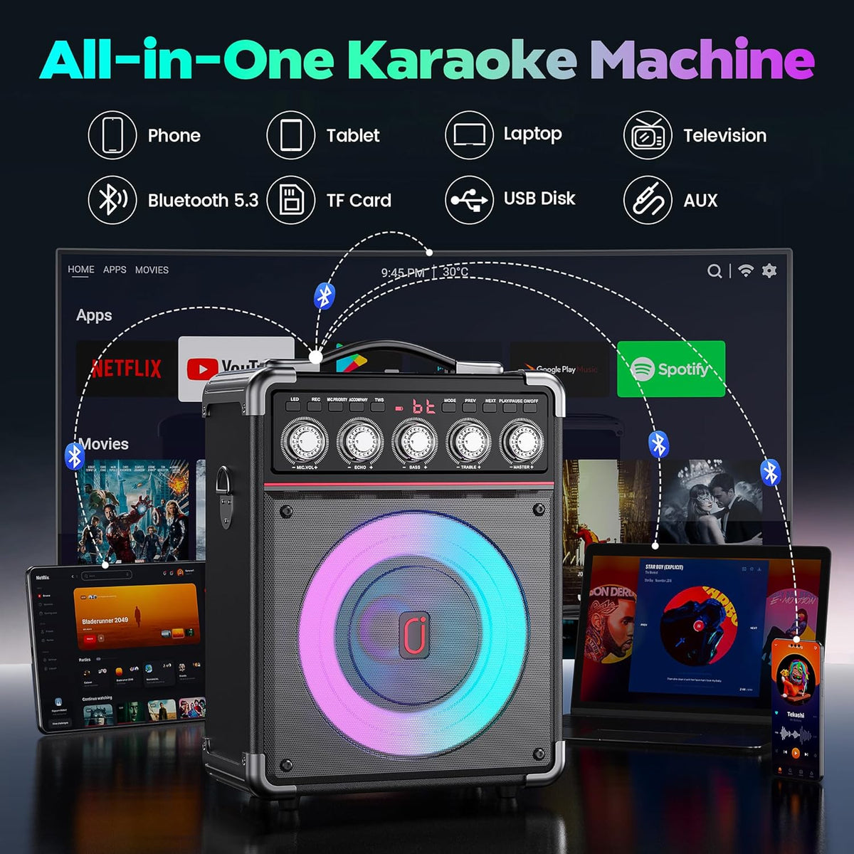 Karaoke Machine with 2 Wireless Mics for Adults Kids | Bluetooth 5.3 Speaker with Bass/Treble/Echo