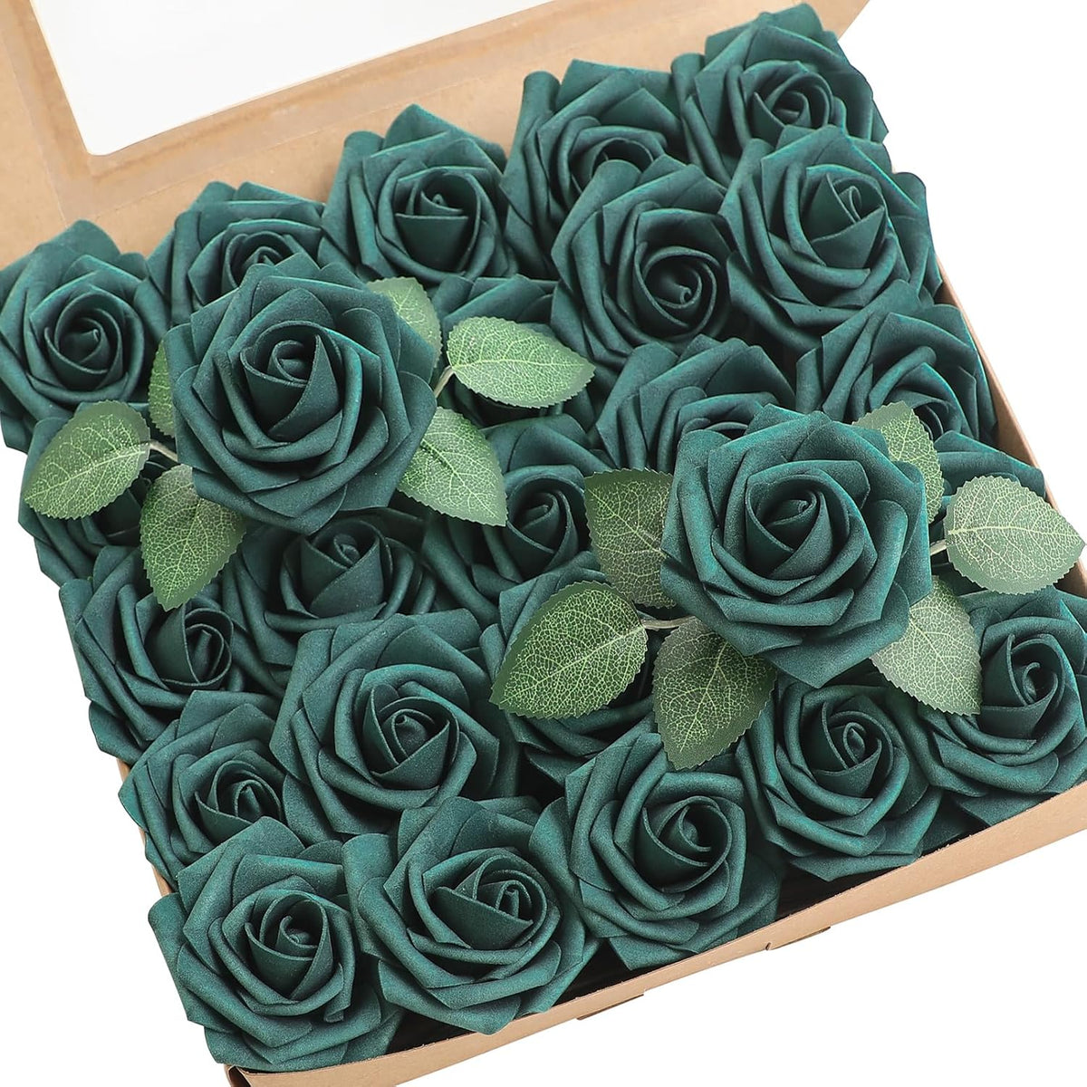 Floroom Artificial Flowers 25pcs Real Looking Peacock Green Foam Fake Roses with Stems for DIY
