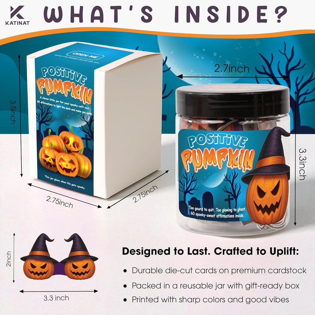 Positive Pumpkin Jar, Affirmation Jar – Halloween Gifts for Kids, Teens, Women – 60 Cute Pumpkin