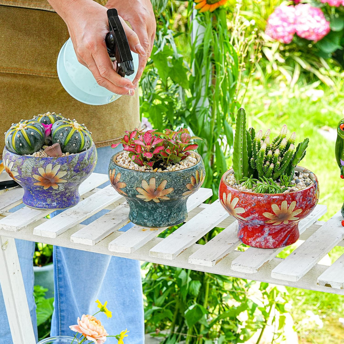 Sungmor Small Succulent Planters Set of 3, Beautiful Hand Crafted Ceramic Plant Pots Cute Cactus