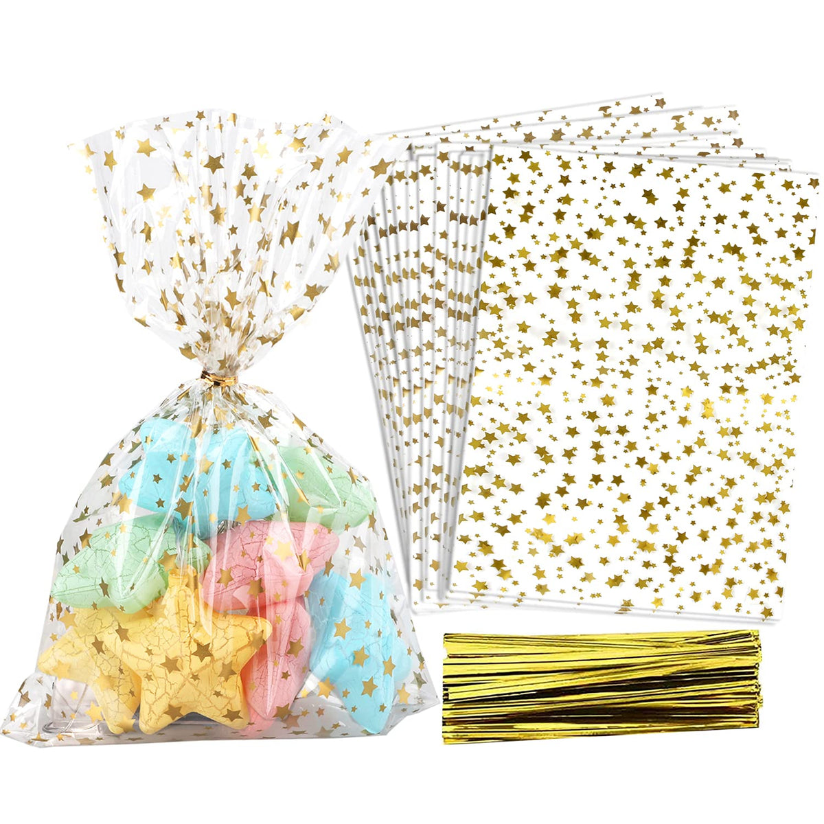 COQOFA 100 Pcs Star Printed 5"X 7" Gift Wrap Cello Cellophane Treat Bags Party Favor bags Clear