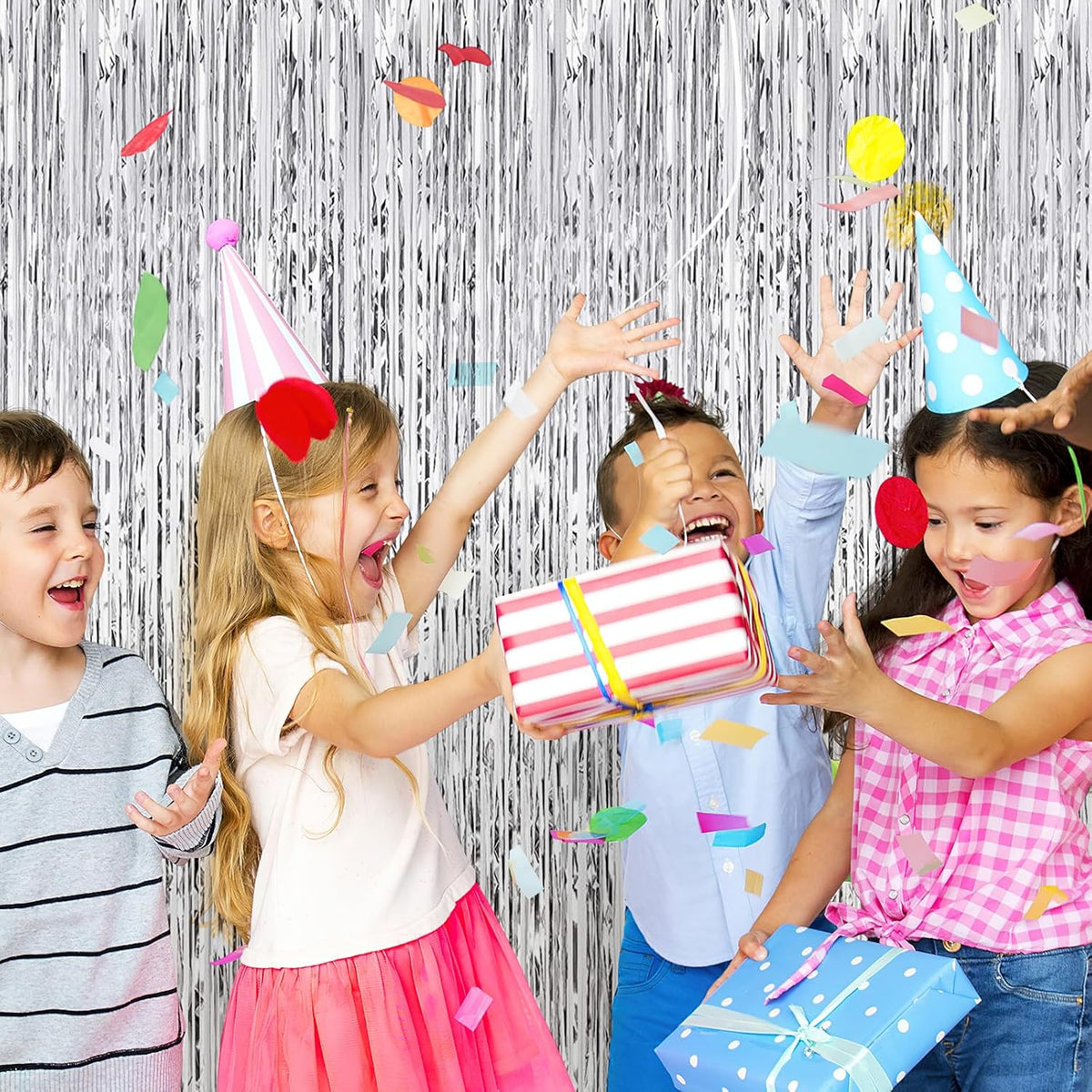 10 Pack Silver Backdrop Curtain 3.2ft x 8.2ft Metallic Tinsel Foil Fringe Curtains Photo Booth