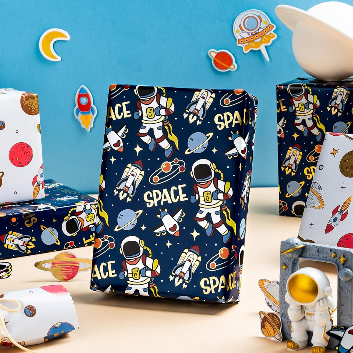 Yarcony Space Wrapping Paper Roll, Birthday Wrapping Paper for Boys, Navy Blue Astronaut Gift Wrap