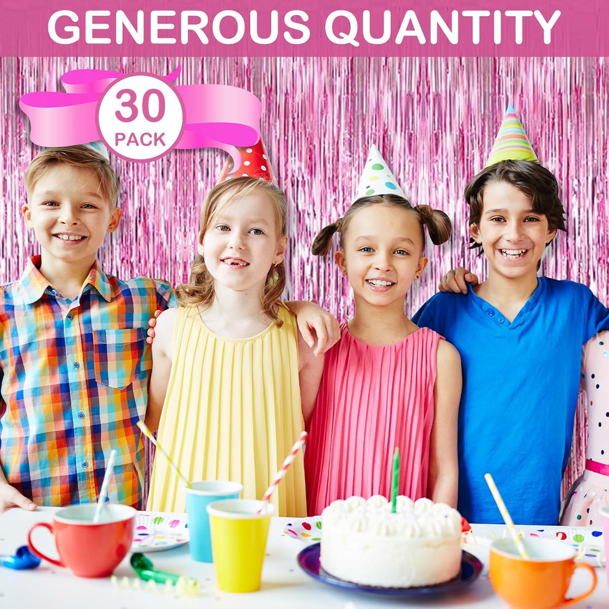 30 Pack Pink Foil Fringe Curtain Backdrop, 3.3x8.2 Feet Metallic Tinsel Streamer Curtains Photo