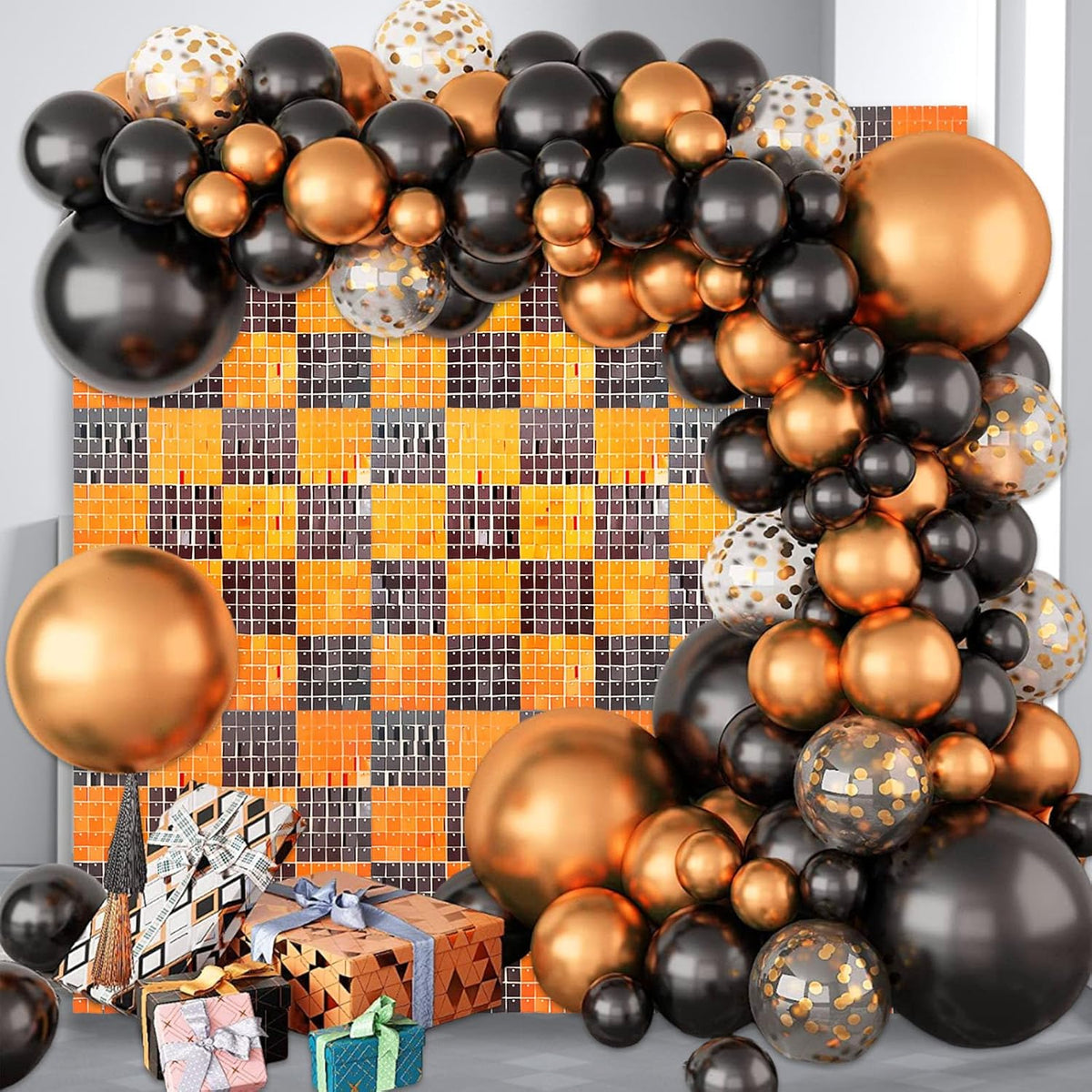 12PCS Black Orange Shimmer Wall Backdrop, Square Sequin Photo Backdrops Panel, Glitter Wall