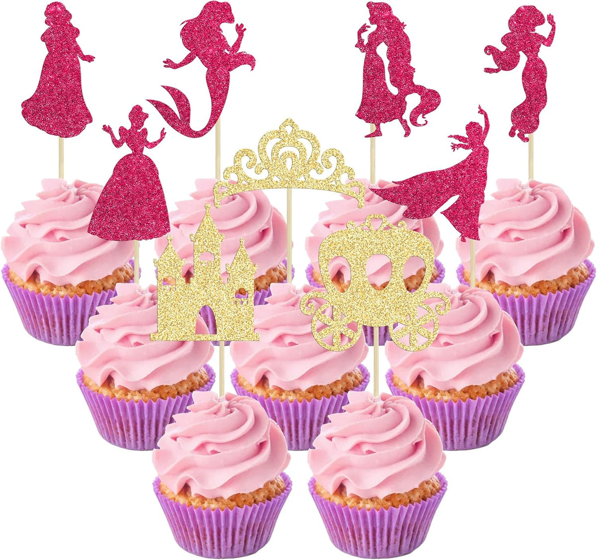 Gyufise 36Pcs Princess Cupcake Toppers Glitter Mermaid Girl Castle High Heel Crown Cupcake Picks